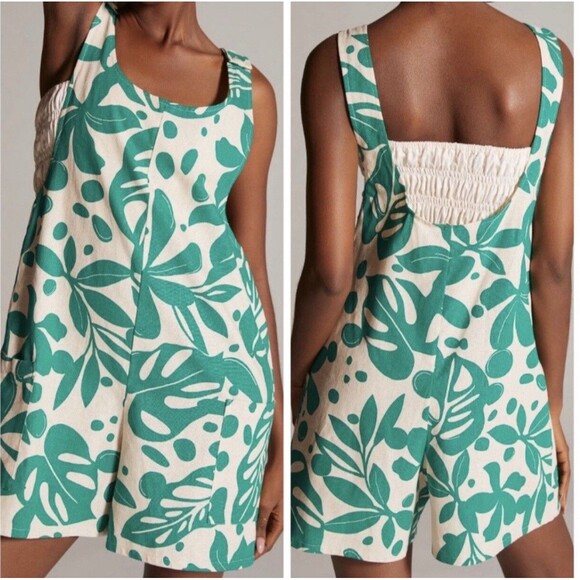 Corey Lynn Calter Linen Jumpsuit Tropical Adjustable Romper Green Floral XS - Picture 1 of 13